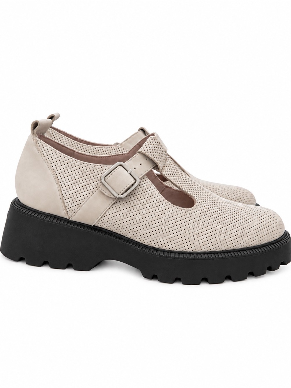 Perforated T-Strap Platform Mary Jane — Cream
